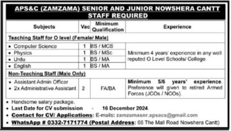 Army Public School & College APS&C Nowshera Jobs 2024 – Army Public School & College Paksitan Jobs 2024 — original advertisement