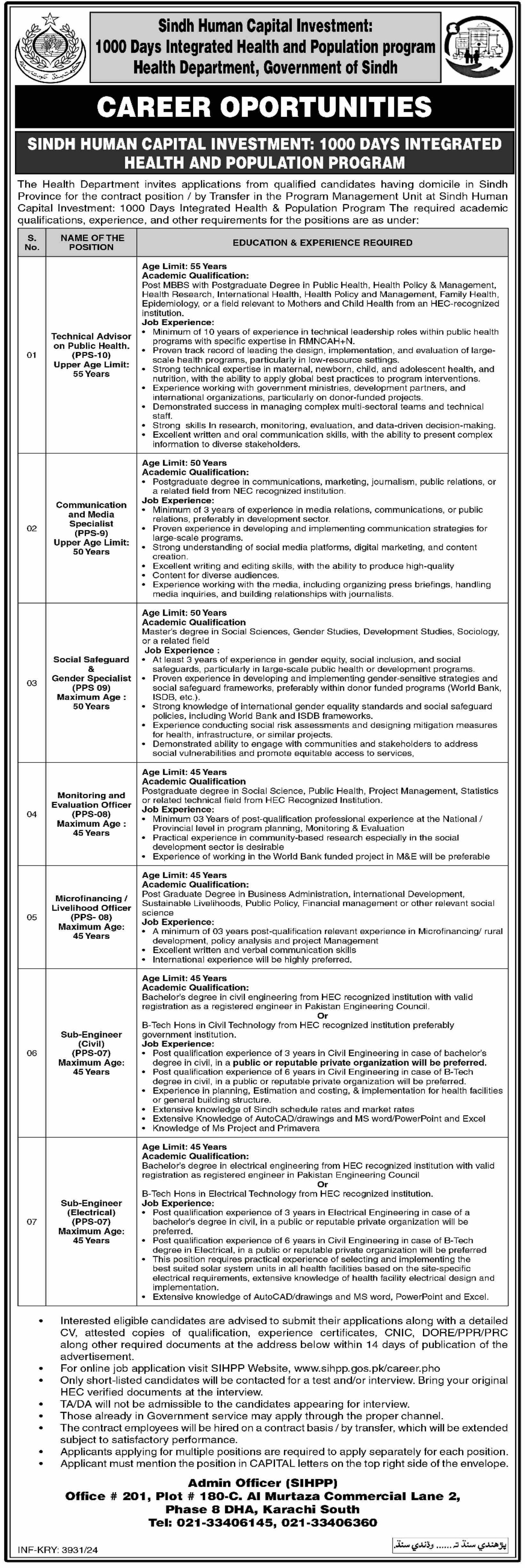 Health Department Sindh Karachi Jobs 2024 Jobs 2024 — original advertisement