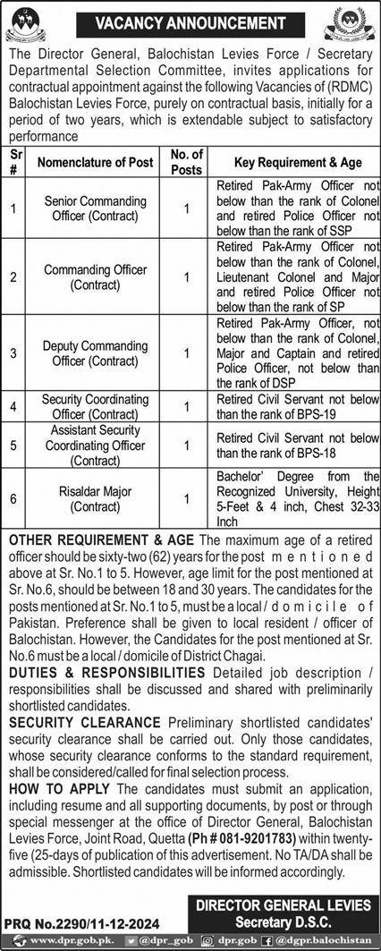 Director General Levies Force Quetta Jobs 2024 – Balochistan Levies Force Jobs 2024 — original advertisement
