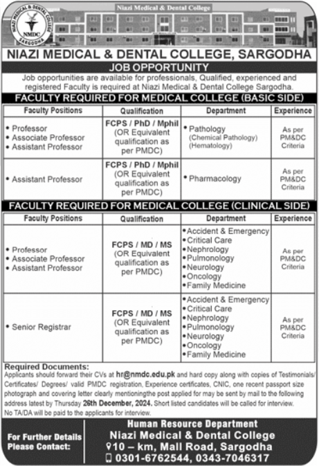 Niazi Medical & Dental College Sargodha Jobs 2024 – Niazi Medical and Dental College Sargodha Jobs 2024 — original advertisement
