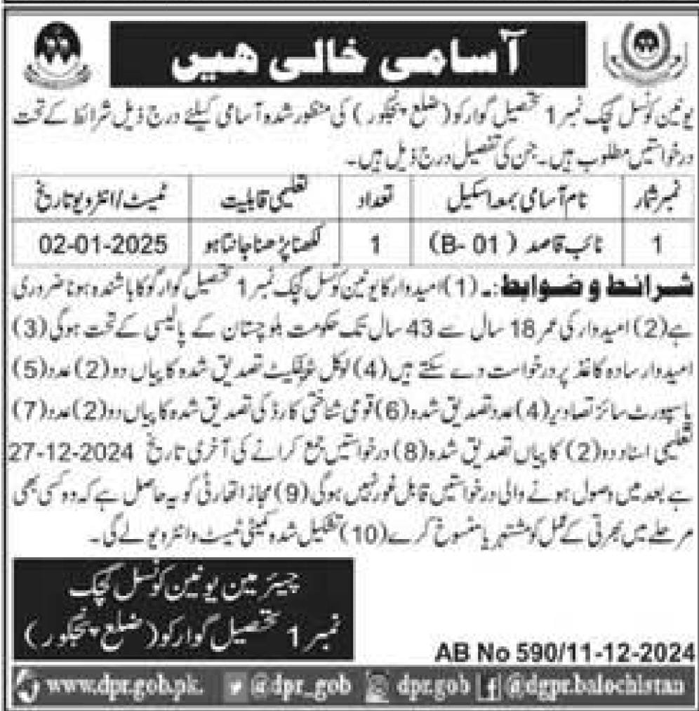 Union Council District Panjgoor Jobs 2024 Jobs 2024 — original advertisement
