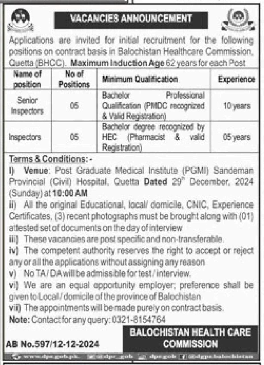 Balochistan Health Care Commission Jobs 2024 – Health Department Balochsitan Jobs 2024 — original advertisement