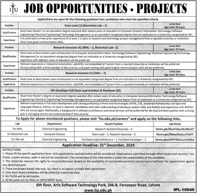 Information Technology University ITU Jobs 2024 – Punjab Information Technology Board Jobs 2024 — original advertisement