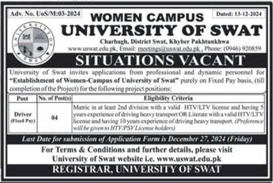 University Of Swat Khyber Pakhtwan Jobs 2024 Jobs 2024 — original advertisement