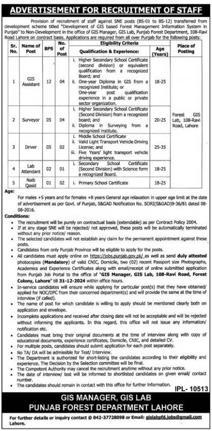 Punjab Forest Department Lahore Jobs 2024 – Forest Wildlife & Fishries Department Punjab Jobs 2024 — original advertisement