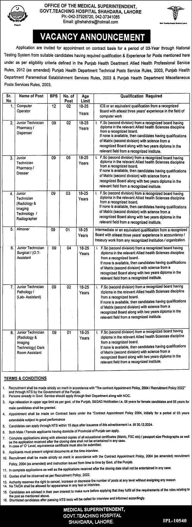 Government Teaching Hospital Lahore Punjab Jobs 2024 – Govt Teaching Hospital Kot Khawaja Saeed Lahore Jobs 2024 — original advertisement