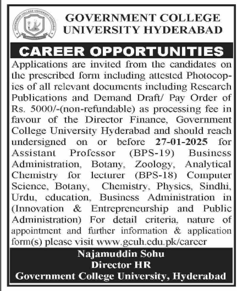 Government College University Hyderabad Jobs 2024 – Government College University Lahore Jobs 2024 — original advertisement