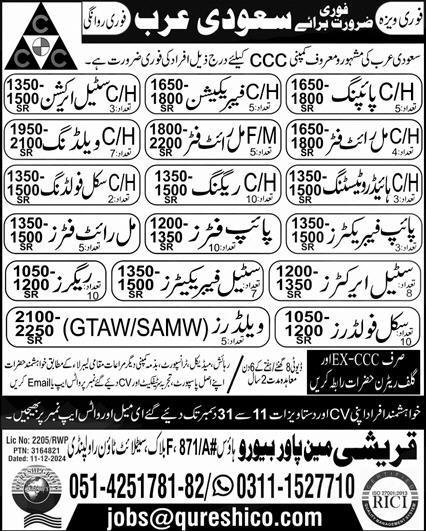 Chargehand Fabrication & Steel Erector Jobs 2024 – Qureshi Manpower Bureau Jobs 2024 — original advertisement