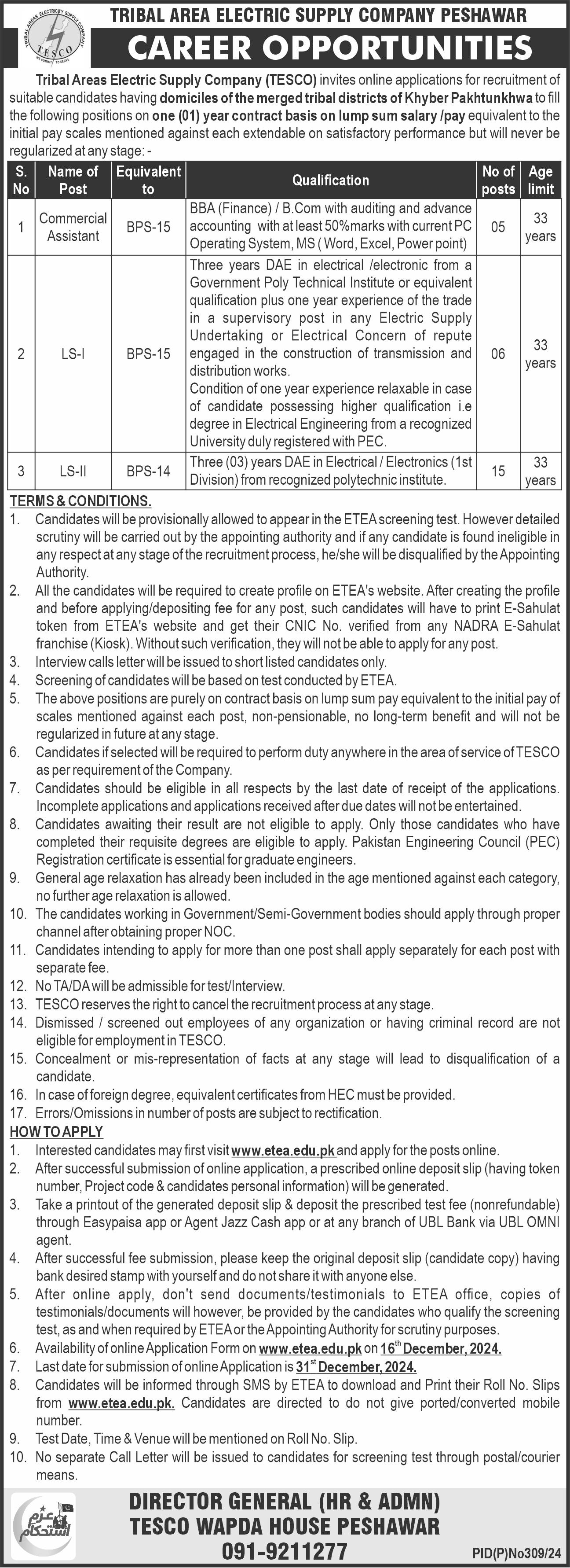 Tribal Area Electricity Supply Company Peshawar Jobs 2024 – Tribal Areas Electricity Supply Company TESCO Jobs 2024 — original advertisement
