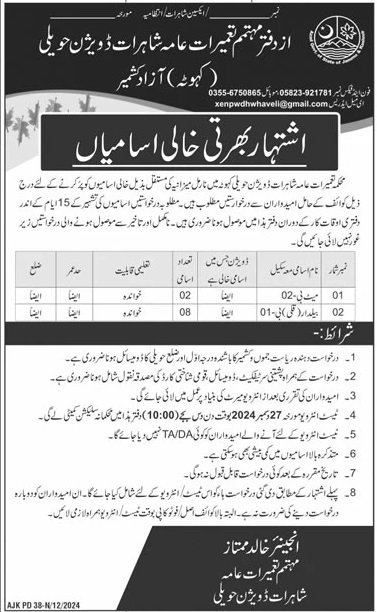 Communication & Works Department Haveli Jobs 2024 – Communication Works Department Muzaffarabad AJ&K Jobs 2024 — original advertisement