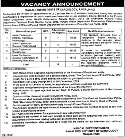 Rawalpindi Institute Of Cardiology Punjab Jobs 2024 – Punjab Institute of Cardiology Lahore Jobs 2024 — original advertisement