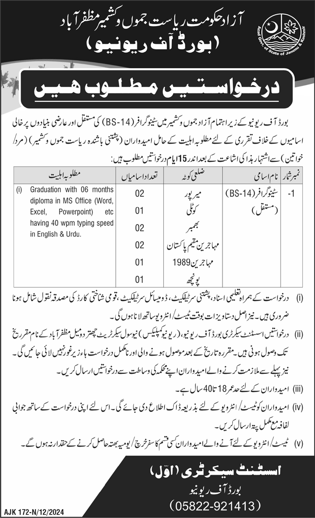 Board of Revenue Muzaffarabad Jobs 2024 – Govt of Azad Kashmir Jobs 2024 — original advertisement