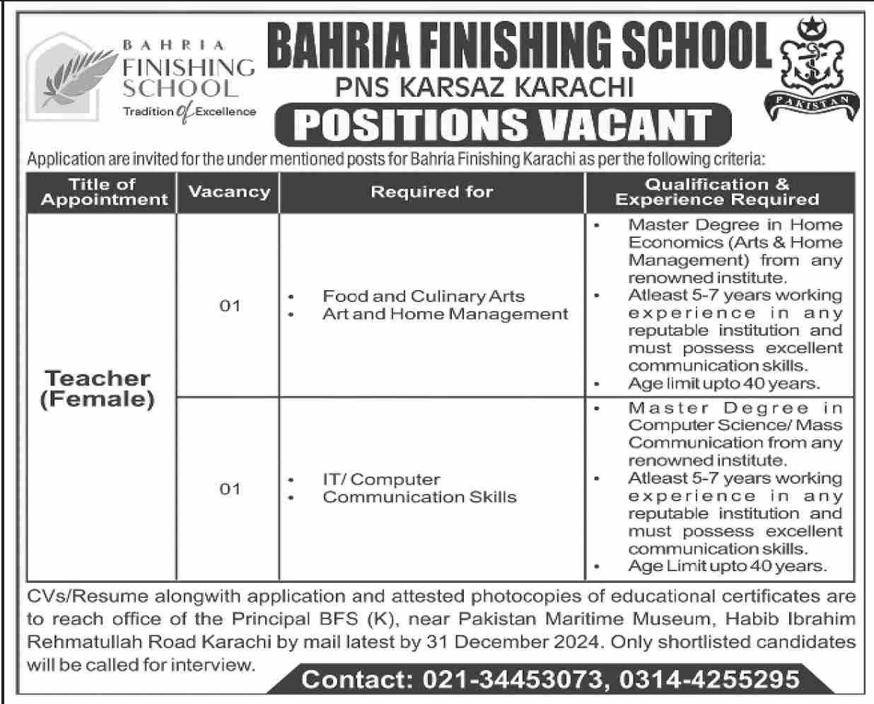 Bahria Finishing School Karachi Sindh Jobs 2024 – Bahria Foundation Jobs 2024 — original advertisement