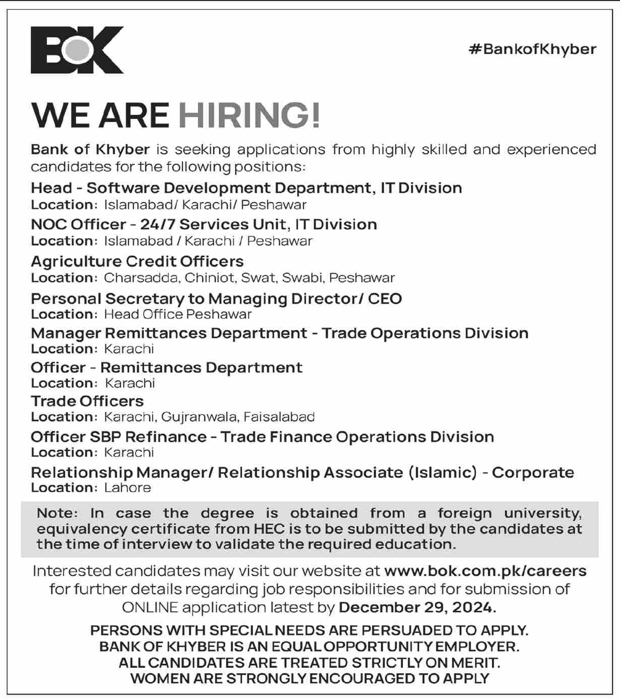 The Bank of Khyber BOK Islamabad Jobs 2024 Jobs 2024 — original advertisement