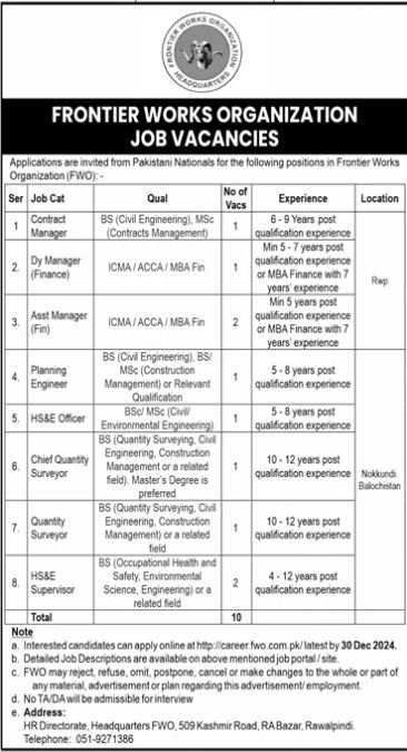 Frontier Works Organization FWO Balochistan Jobs 2024 Jobs 2024 — original advertisement