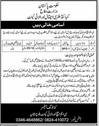 Combined Military Hospital Loralai Jobs 2024 – Combined Military Hospital CMH Jobs 2024 — original advertisement
