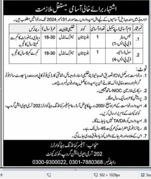 Army Aviation Group Quetta cantt Jobs 2024 – Pakistan Army Jobs 2024 — original advertisement