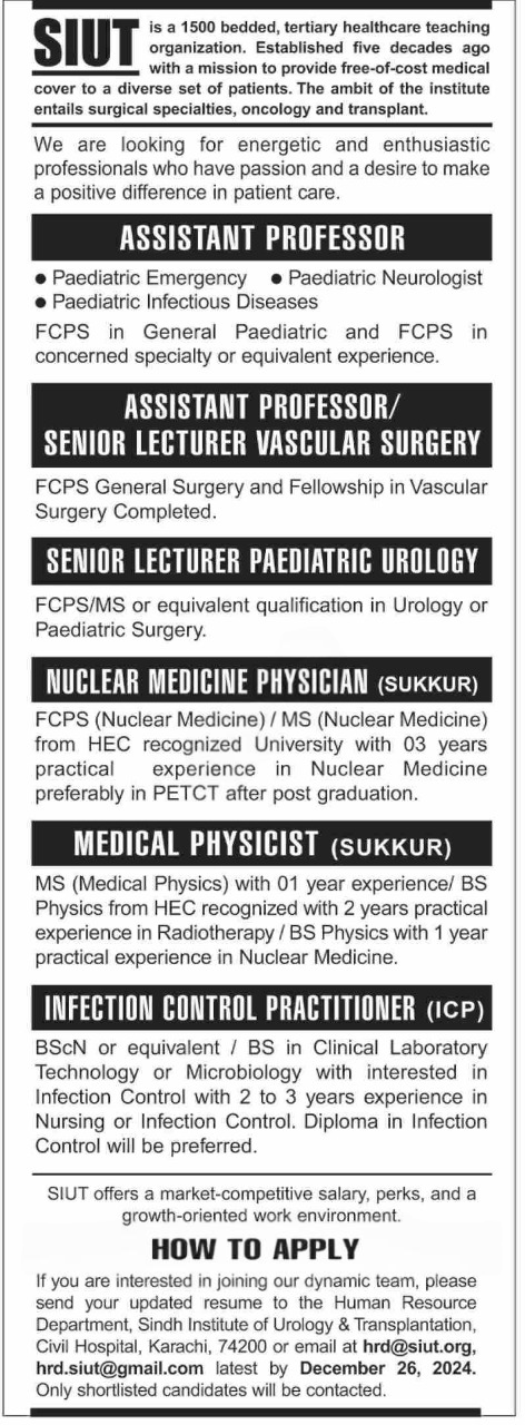Sindh Institute Of Urology SIUT Karachi Jobs 2024 – Sindh Institute of Urology and Transplantation SIUT Karachi Jobs 2024 — original advertisement