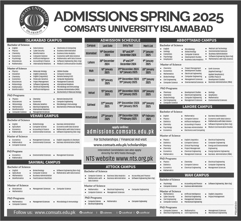Admission Open in Comsats University 2025 – COMSATS University Islamabad Admissions 2024 — original advertisement