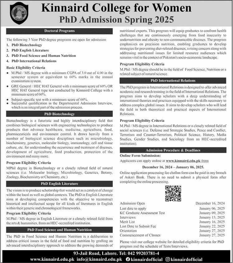 Admission Open in Kinnaird College For Women 2025 – Punjab Kinnaird College for Women Lahore Admissions 2024 — original advertisement