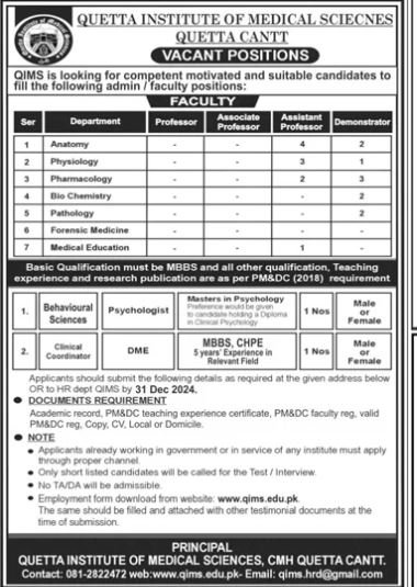 Quetta Institute of Medical Sciences (QIMS) Jobs 2024 – Quetta Institute of Medical Sciences QIMS Balochistan Jobs 2024 — original advertisement