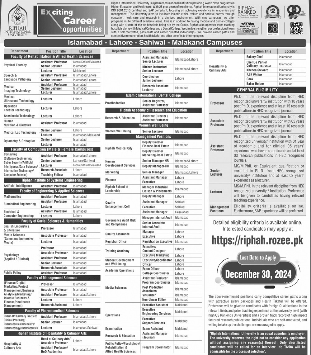 Riphah International University Islamabad Jobs 2024 Jobs 2024 — original advertisement