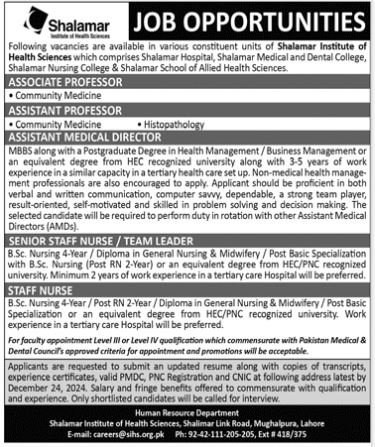 Shalamar institute of Health Sciences Lahore Jobs 2024 Jobs 2024 — original advertisement