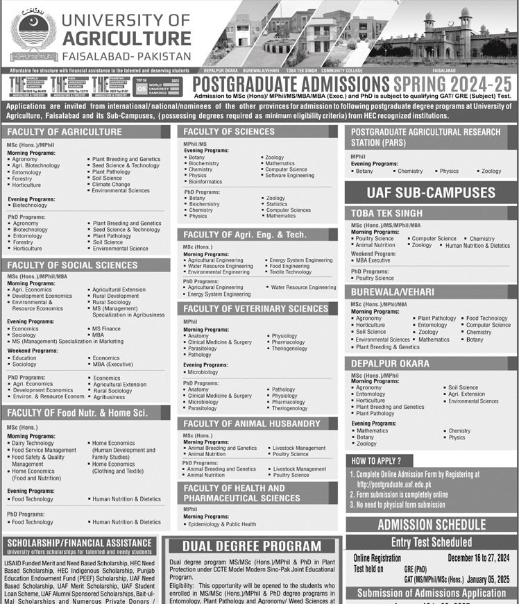 Admission Open in University of Agriculture Faislabad 2024 – University of Agriculture Faisalabad Admissions 2024 — original advertisement