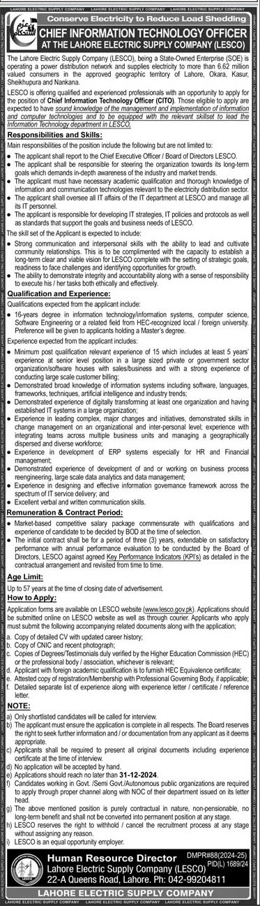 Lahore Electric Supply Company LESCO Jobs 2024 – Lahore Electric Supply Company LESCO Lahore Jobs 2024 — original advertisement