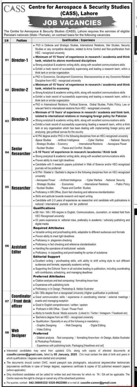 Centre For Aerospace & Security Studies Jobs 2024 – Centre For Aerospace & Security Studies CASS Jobs 2024 — original advertisement