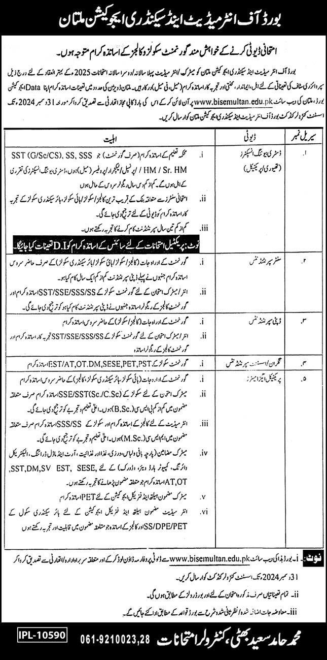 Board Of Intermediate & Secondary Education BISE Jobs 2024 – Board of Intermediate and Secondary Education, Faisalabad Jobs 2024 — original advertisement