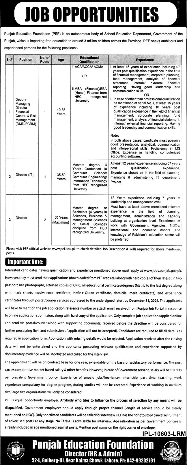 Punjab Education Foundation Peef Jobs 2024 – Education School Department Punjab Jobs 2024 — original advertisement