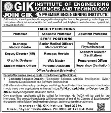 GIK Institute Of Engineering Sciences & Technology Swabi Job – Ghulam Ishaq Khan GIK Institute of Engineering Sciences and Technology Swabi Jobs 2024 — original advertisement