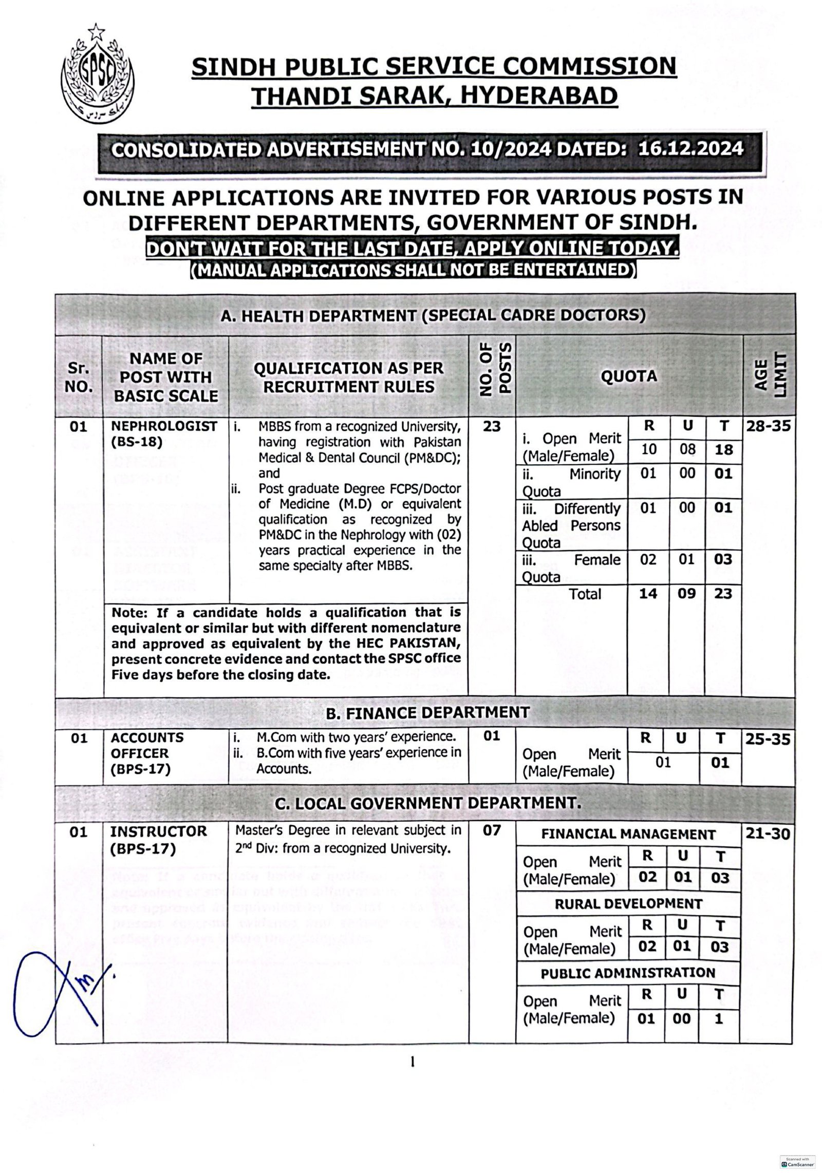 Sindh Public Service Commission SPSC Jobs10/2024 – Sindh Public Service Commission at Karachi Jobs 2024 — original advertisement