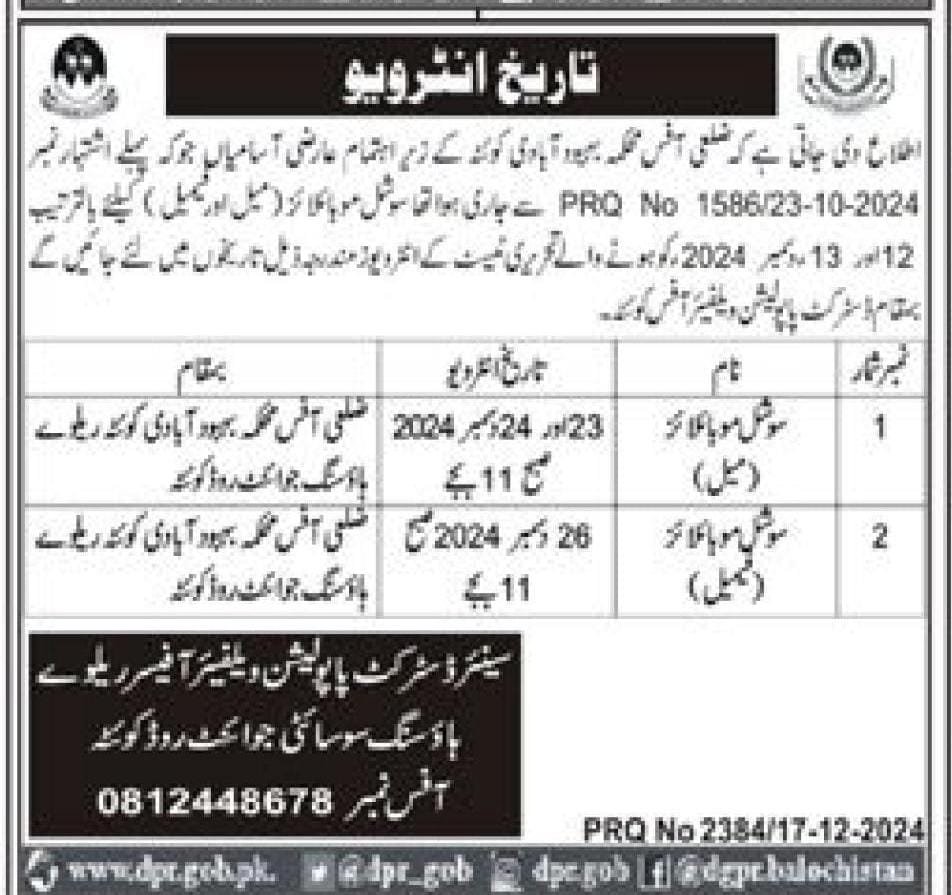 Population Welfare Department Balochistan Interview 2024 Jobs 2024 — original advertisement