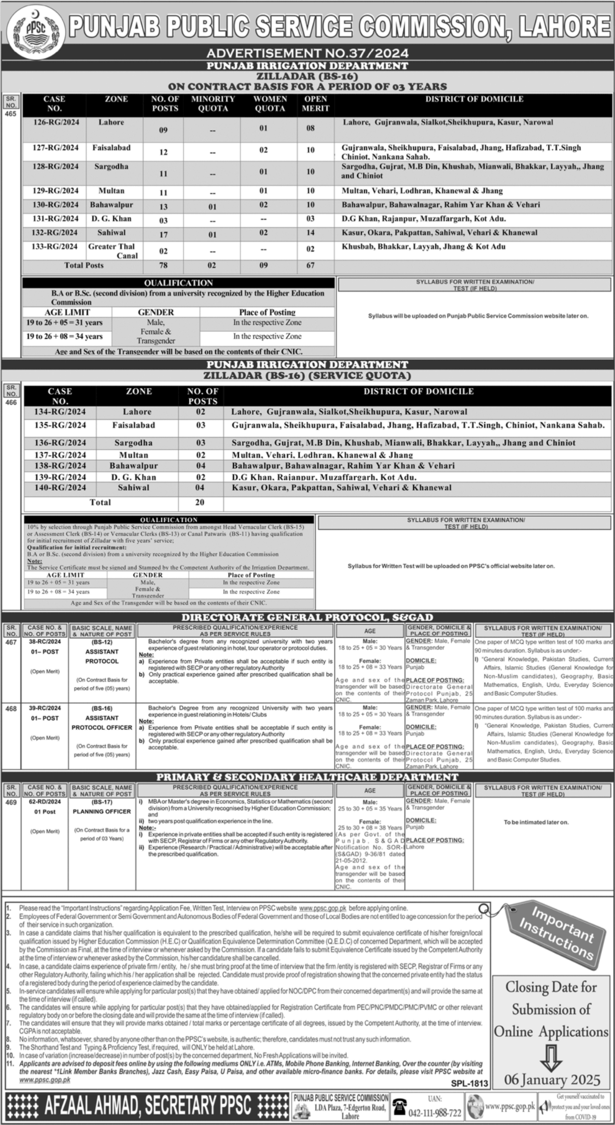 Punjab Public Service Commission PPSC Jobs 37/2024 – Punjab Public Service Commission Lahore Jobs 2024 — original advertisement