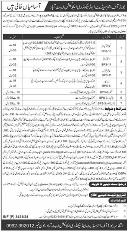 Board of Intermediate and Secondary Education BISE Jobs 2024 – Board Of Intermediate and Secondary Education Rawalpindi Jobs 2024 — original advertisement