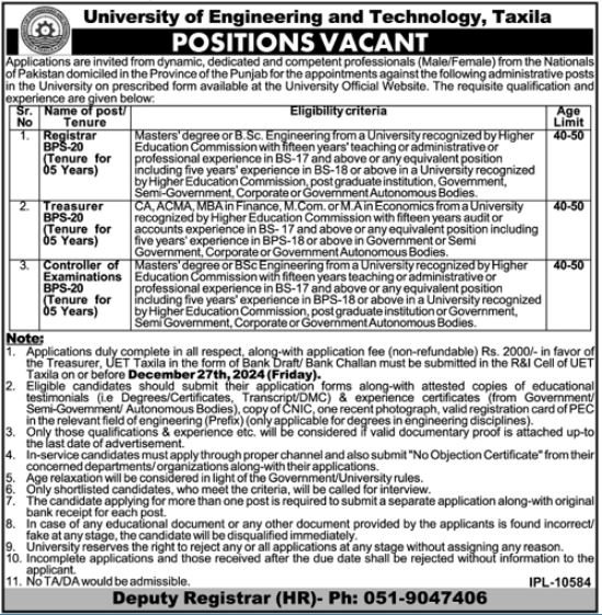 University Of Engineering And Technology UET Taxila Jobs – University of Engineering and Technology Taxila Jobs 2024 — original advertisement