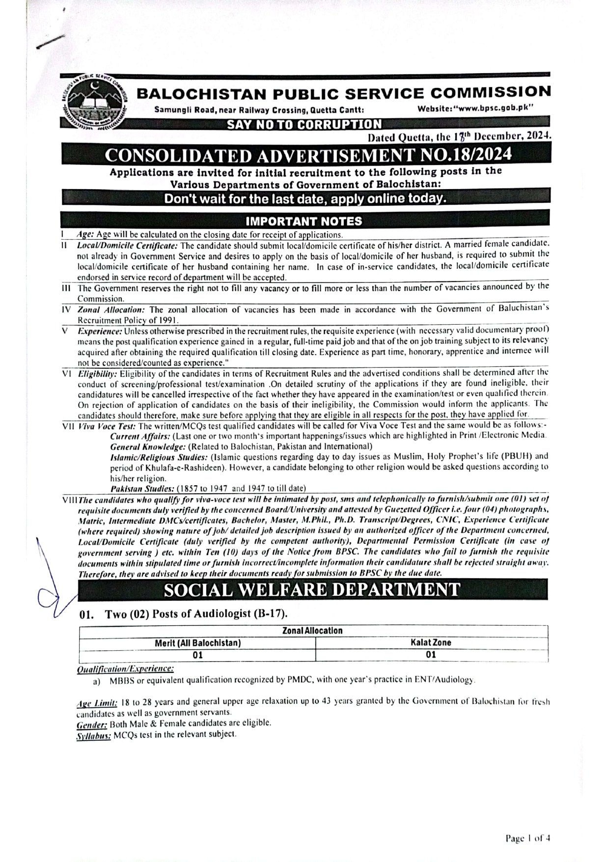 Balochistan Public Service Commission BPSC Jobs 18/2025 – Balochistan Public Service Commission Quetta Balochsitan Jobs 2024 — original advertisement