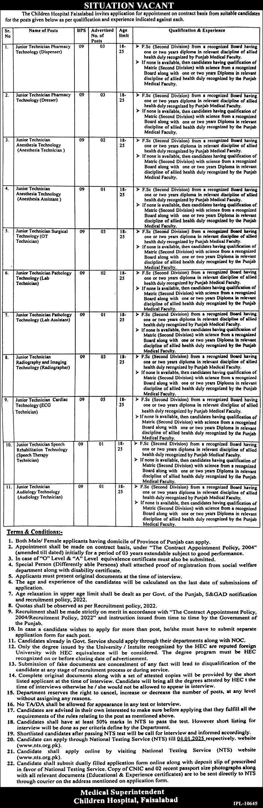 The Children Hospital Faisalabad Punjab Jobs 2024 Jobs 2024 — original advertisement