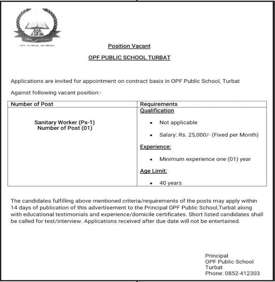 OPF Public School Turbat Sanitary Worker Jobs 2025 Jobs 2024 — original advertisement