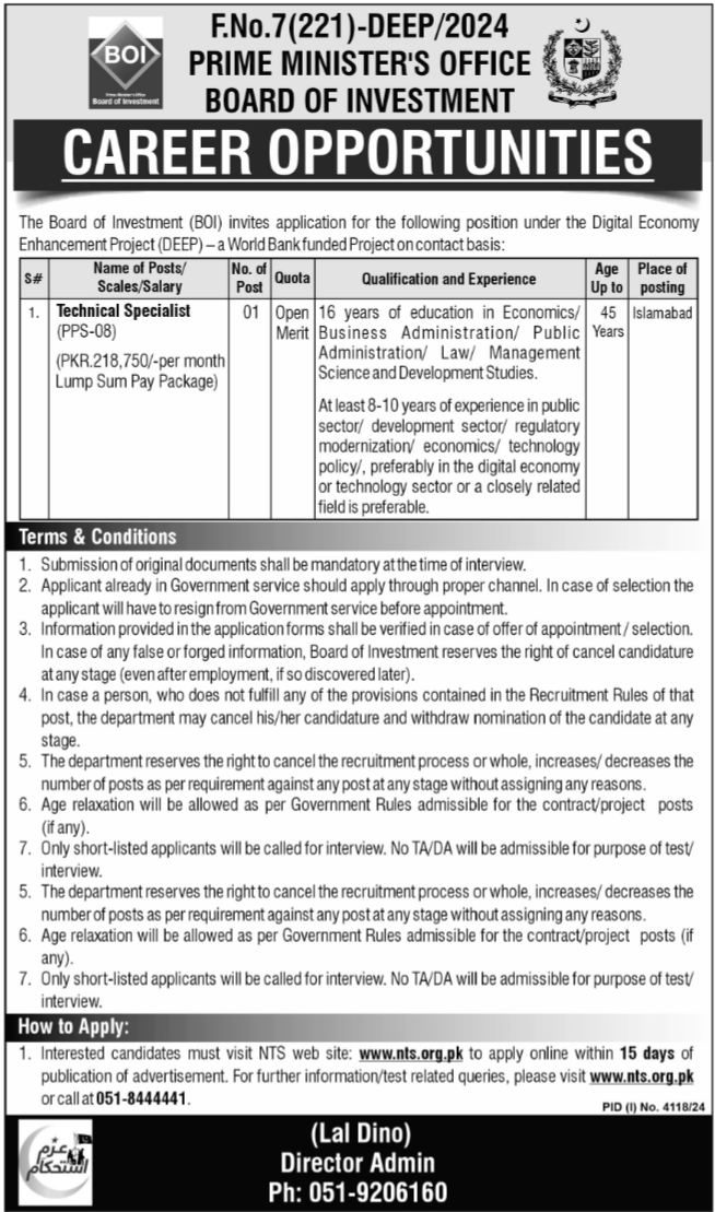 Prime Ministers Office Board Of Investment Jobs 2025 – Prime Minister's Office (Public) Islamabad Jobs 2024 — original advertisement