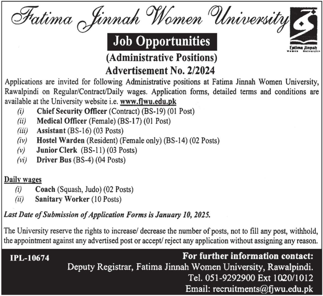 Fatima Jinnah Women University FJWU Rawalpindi Jobs 2025 – Fatima Jinnah Women University Rawalpindi Jobs 2024 — original advertisement