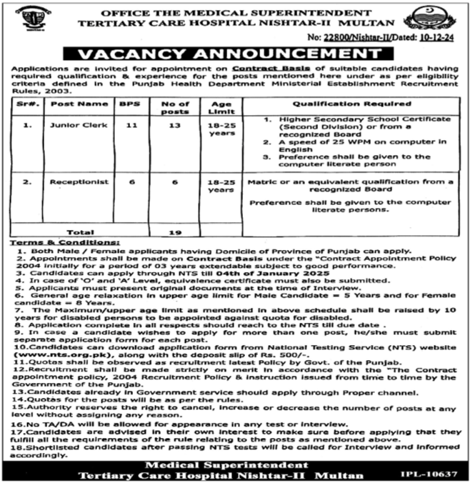 Tertiary Care Hospital Nishtar Multan Jobs 2025 – LRBT Tertiary Eye Teaching  Hospital Jobs 2024 — original advertisement