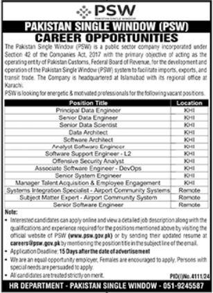 Pakistan Single Window PSW Karachi Jobs 2024 Jobs 2024 — original advertisement