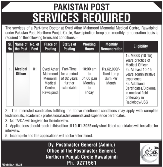 Pakistan Post Office Rawalpindi Jobs 2024 Jobs 2024 — original advertisement