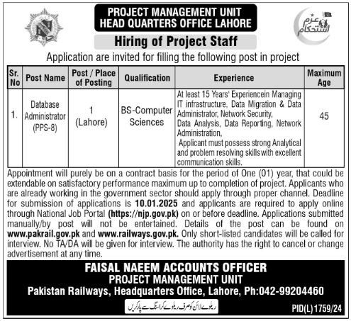 Pakistan Railways Lahore Jobs 2024 – Ministry of Railways Islamabad Jobs 2024 — original advertisement