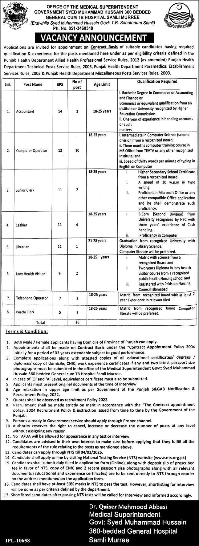 360 Bedded General Hospital Samli Murree Jobs 2025 – Government General Hospital Jobs 2024 — original advertisement
