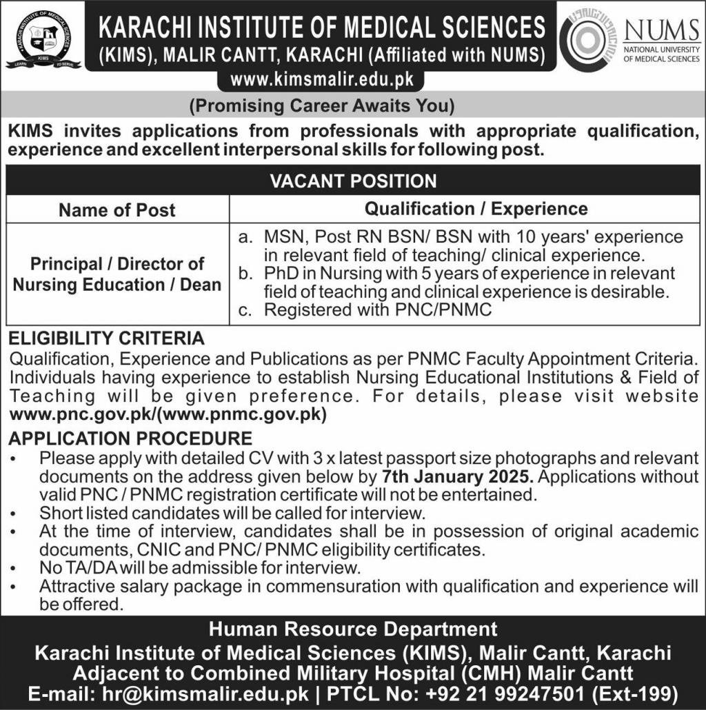 Karachi Institute Of Medical Sciences KIMS Karachi Jobs 2025 – Karachi Institute Of Medical Sciences, CMH Malir Karachi Jobs 2024 — original advertisement