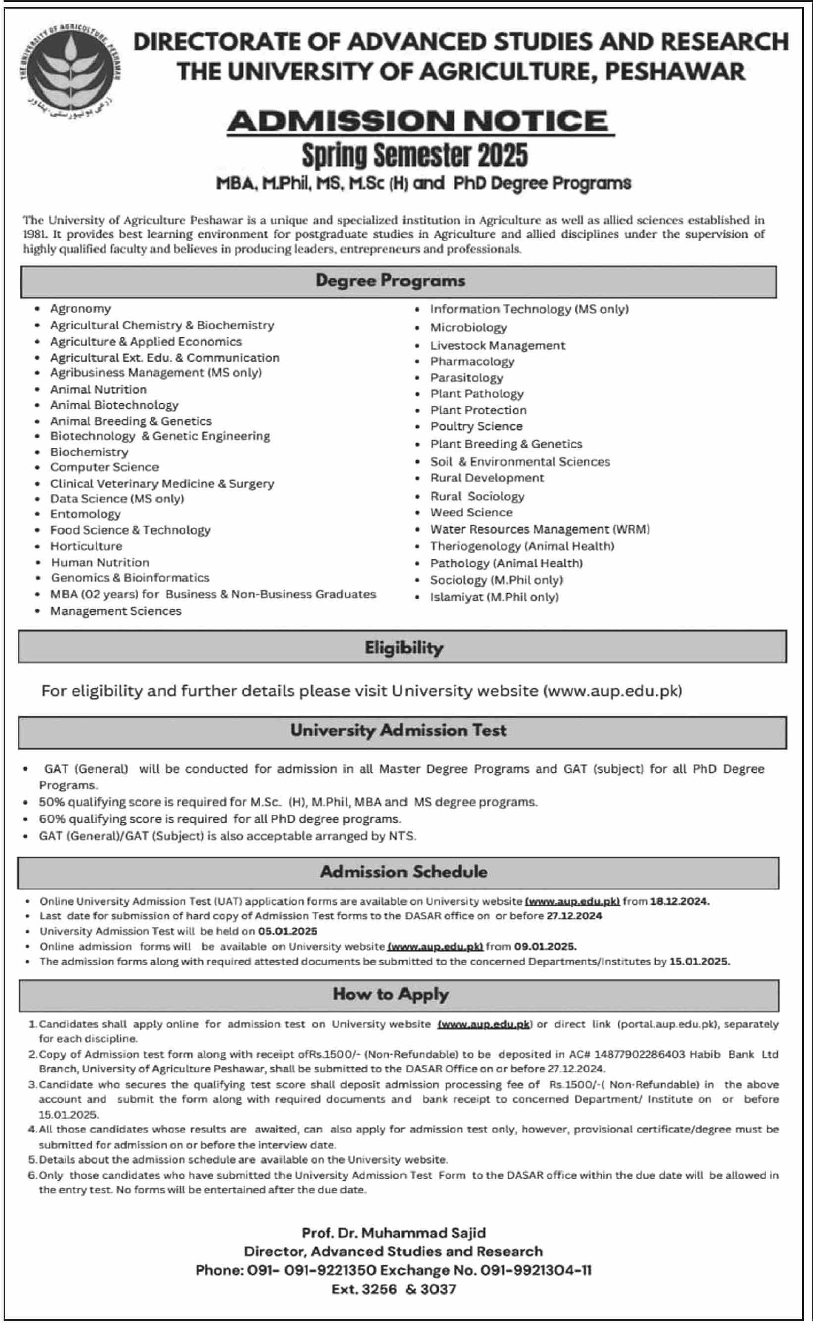 Admission Open in Univeristy of Agriculture Peshawar 2025 – University of Agriculture, Peshawar Admissions 2024 — original advertisement